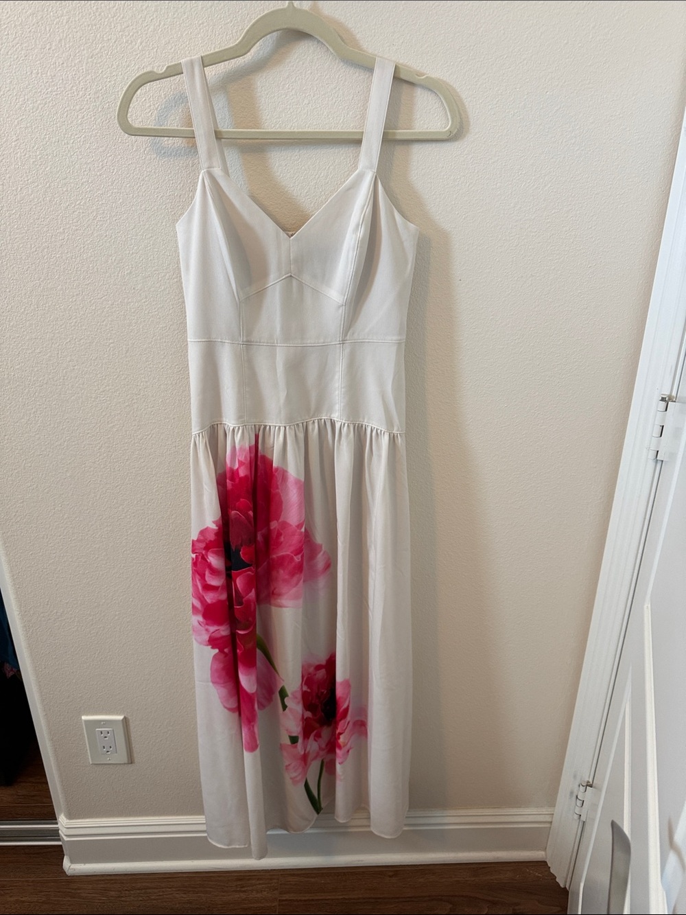 Express Floral-Accent White Midi Dress with Pink Bloom